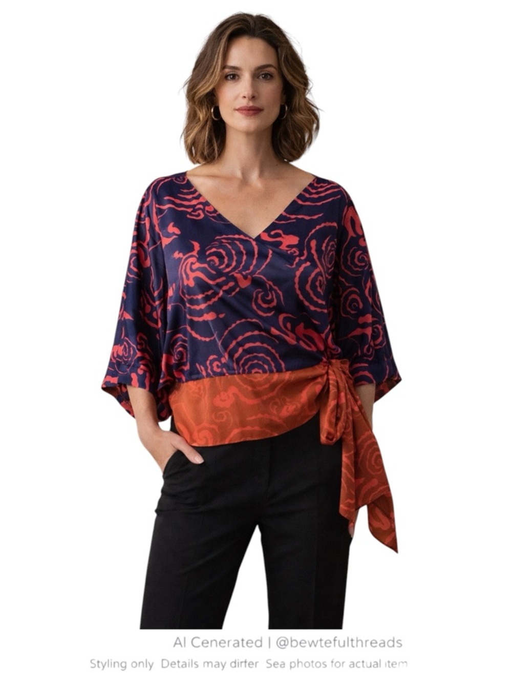 Indie Art Print Wrap Blouse Kimono Sleeve Statement Top S
